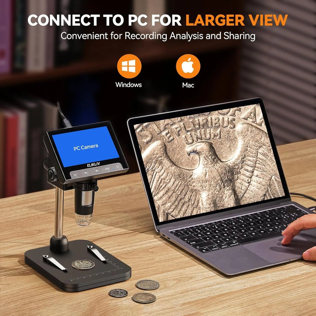 Versatile 1000X digital microscope with LED display, great for detailed inspection and hobby projects.