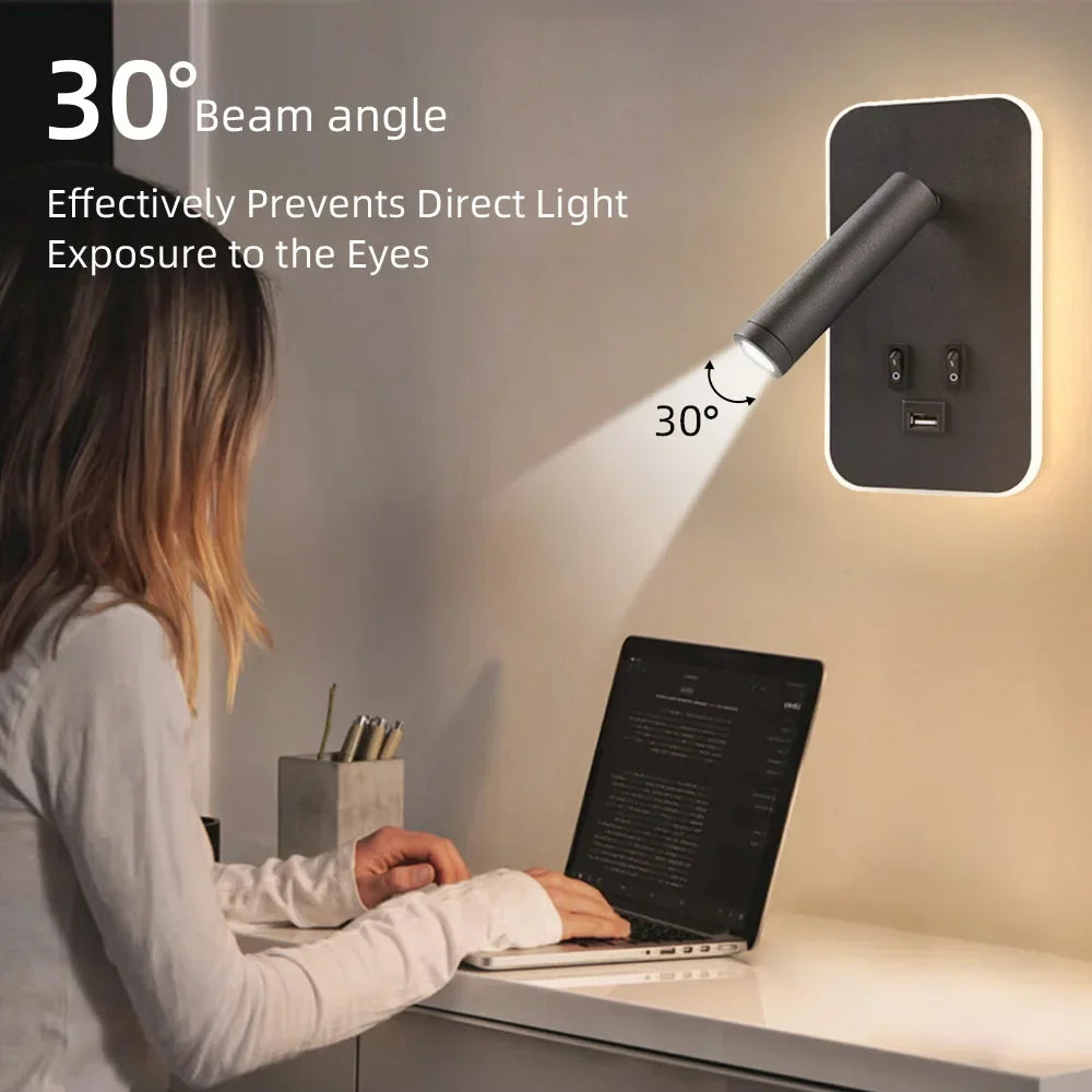 Sleek hardwired LED wall sconce, modern bedside lamp with USB charger, perfect for bedroom lighting.