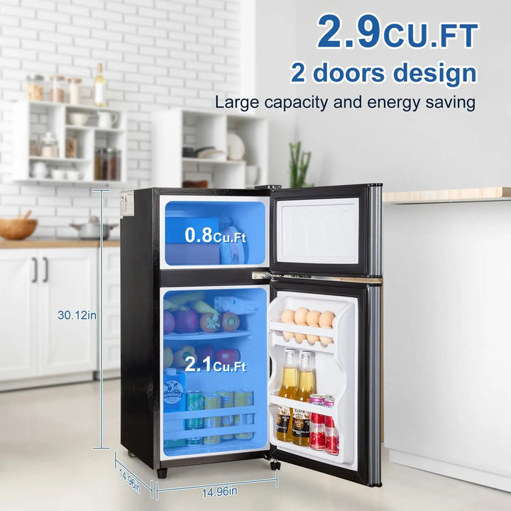 Energy-efficient 2.9 Cu.Ft dual-door compact refrigerator with freezer, perfect food storage for any small room.