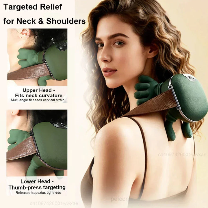 Green portable deep tissue massager targets neck & shoulders, providing pain & tension relief.