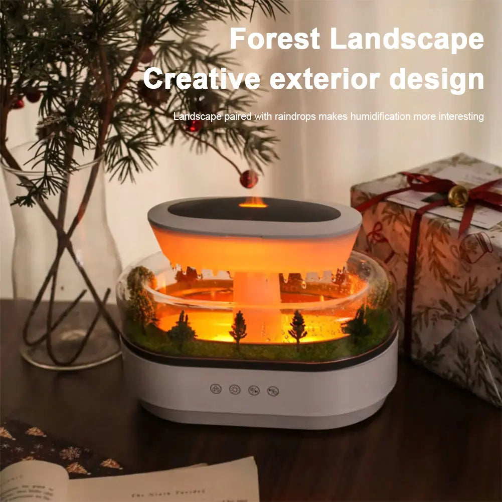 Modern white Serene Rainfall diffuser, stylish home decor piece providing calming humidity and aroma.