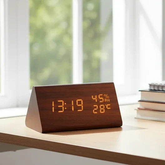 Wake up to this modern wooden look LED digital alarm clock, featuring temp and easy-to-set alarms.