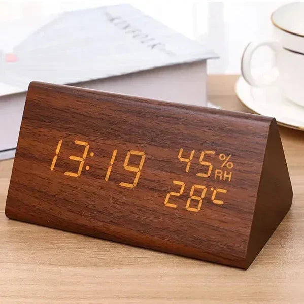 Sleek wooden style LED desk clock with adjustable brightness, multiple alarms & temp display for home.