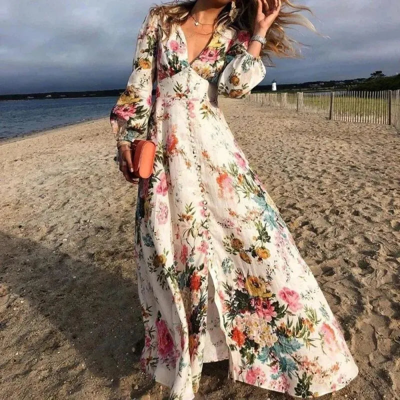Women's floral long sleeve maxi dress with vibrant print, ideal for beach, summer vacation & bohemian style. Flowy & comfortable.