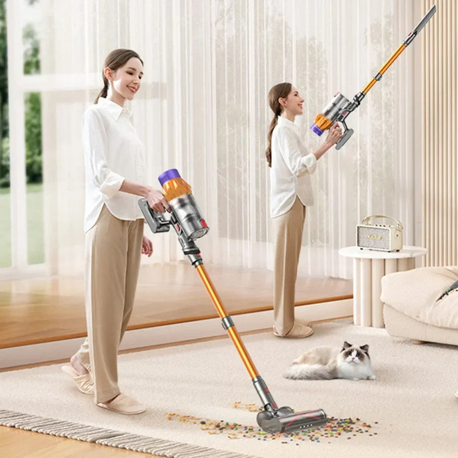 Yellow cordless handheld vacuum cleaner for home, featuring strong suction and ergonomic design.