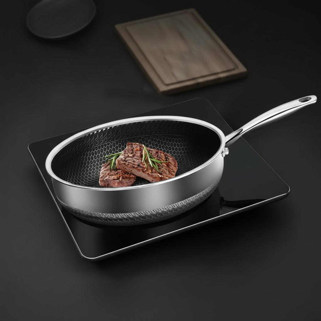 Professional grade stainless steel frying pan, uncoated for superior cooking and easy cleanup.