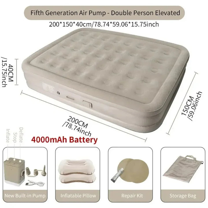 Double self-inflating air bed with built-in pump, perfect for camping trips or guest accommodation.