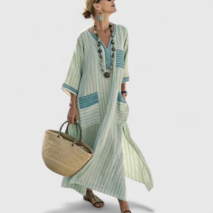 Women's Bohemian Maxi Dress with Pockets. Flowy summer fashion, comfortable for casual wear & beach vacations.