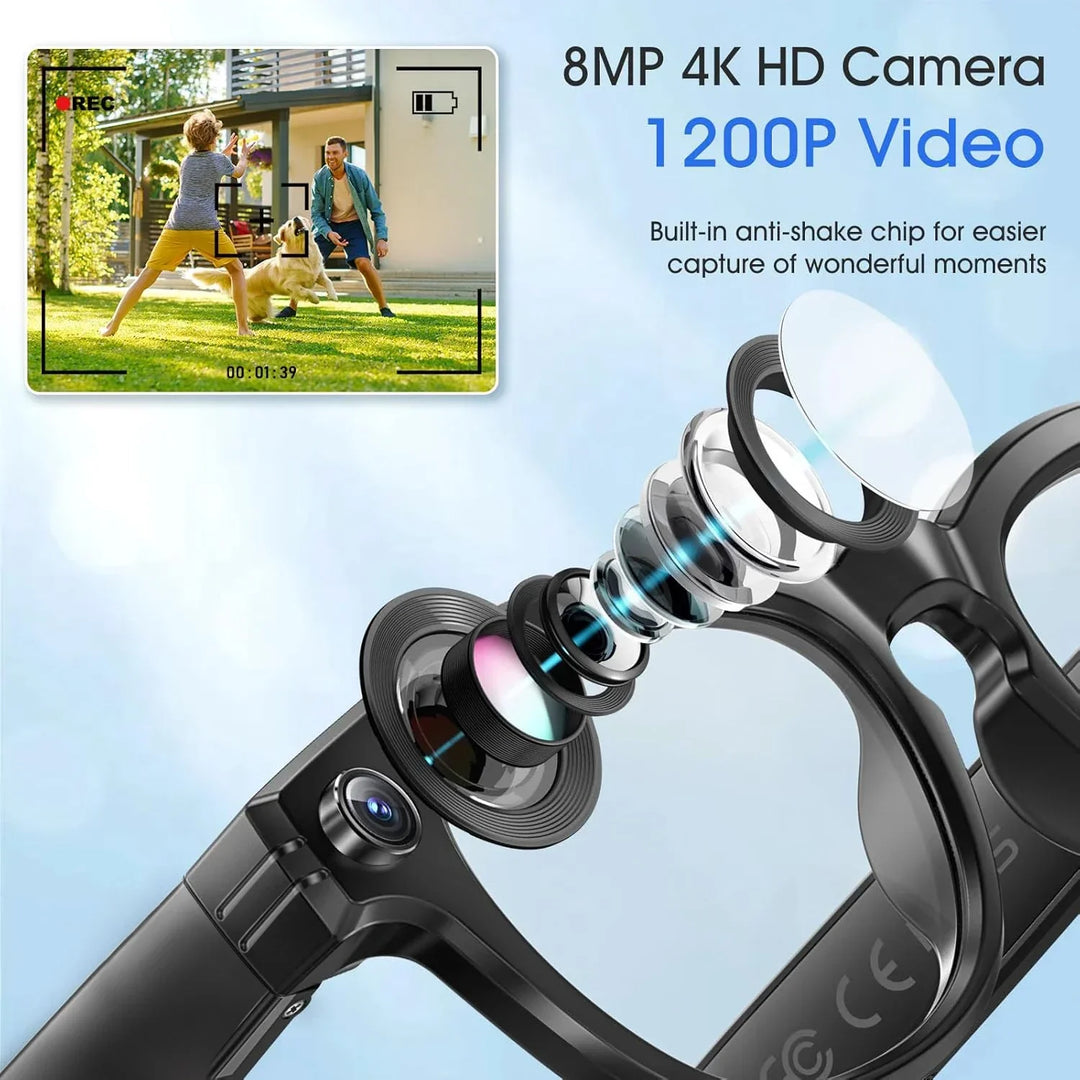 Hands-free men's camera sunglasses with real-time translation & Bluetooth connectivity. Great for travel.