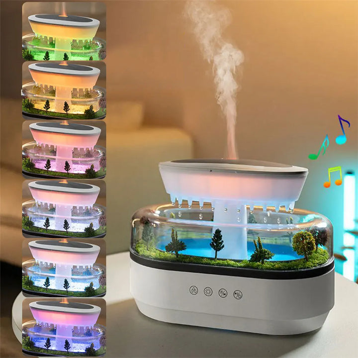 White Serene Rainfall aromatherapy humidifier, tabletop diffuser with soothing rain sound & essential oil mist.
