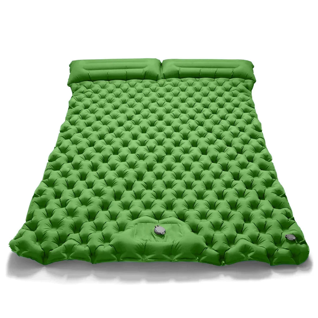 Waterproof fabric texture of dual camping air bed. Durable inflatable mattress, outdoor gear for any weather.