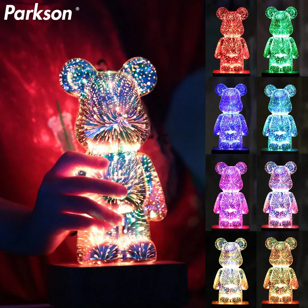 Enchanting 3D Firework Bear LED night light, a color-changing USB lamp ideal for kids' rooms & nursery decor.