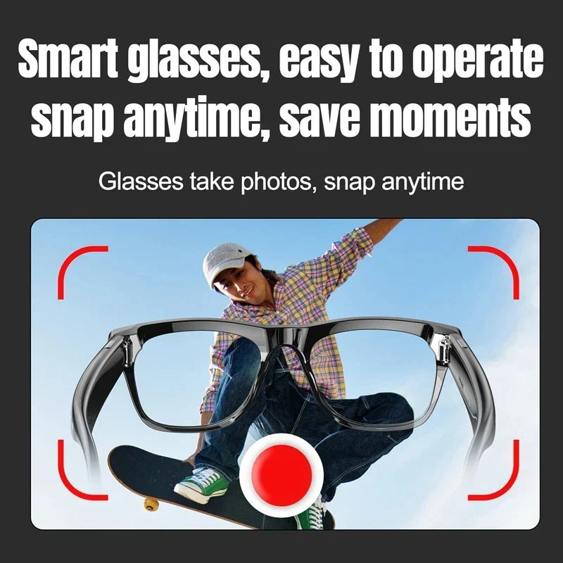 Hands-free smart glasses featuring camera, Bluetooth connectivity, music playback & automatic photochromic lenses.