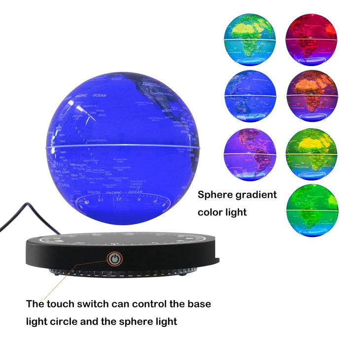 Elegant floating globe with dynamic RGB lighting, a captivating desk decor for modern homes & office spaces.