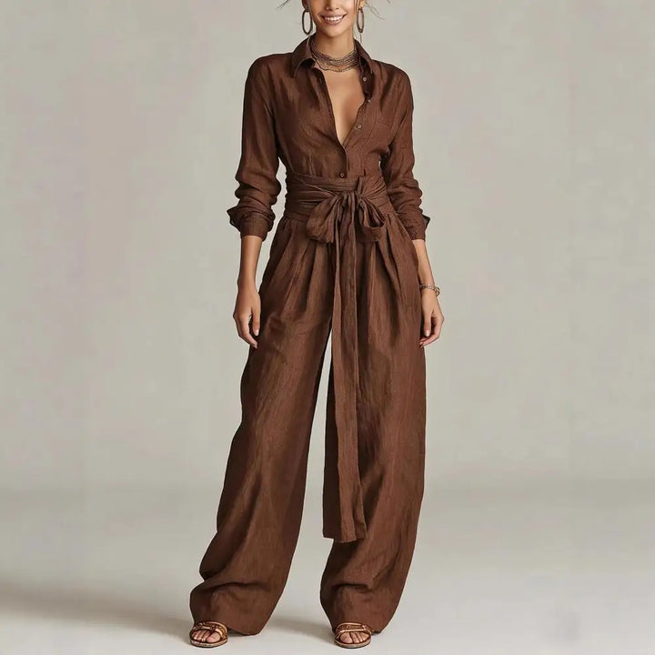 Brown women's two-piece set featuring a comfy button shirt & flowing wide-leg pants. Perfect for casual wear.