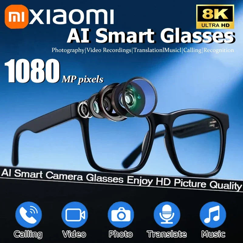 Wearable tech smart glasses: integrated camera, Bluetooth music, and UV protective photochromic lenses. Unisex.