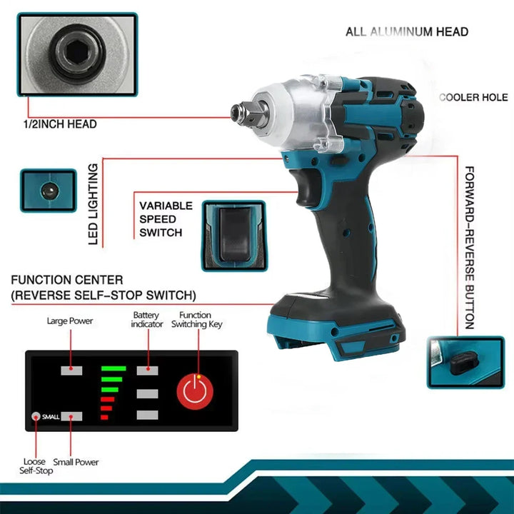 Cordless electric impact wrench, heavy duty & portable, 380 ft-lb torque for on-the-go automotive repairs.