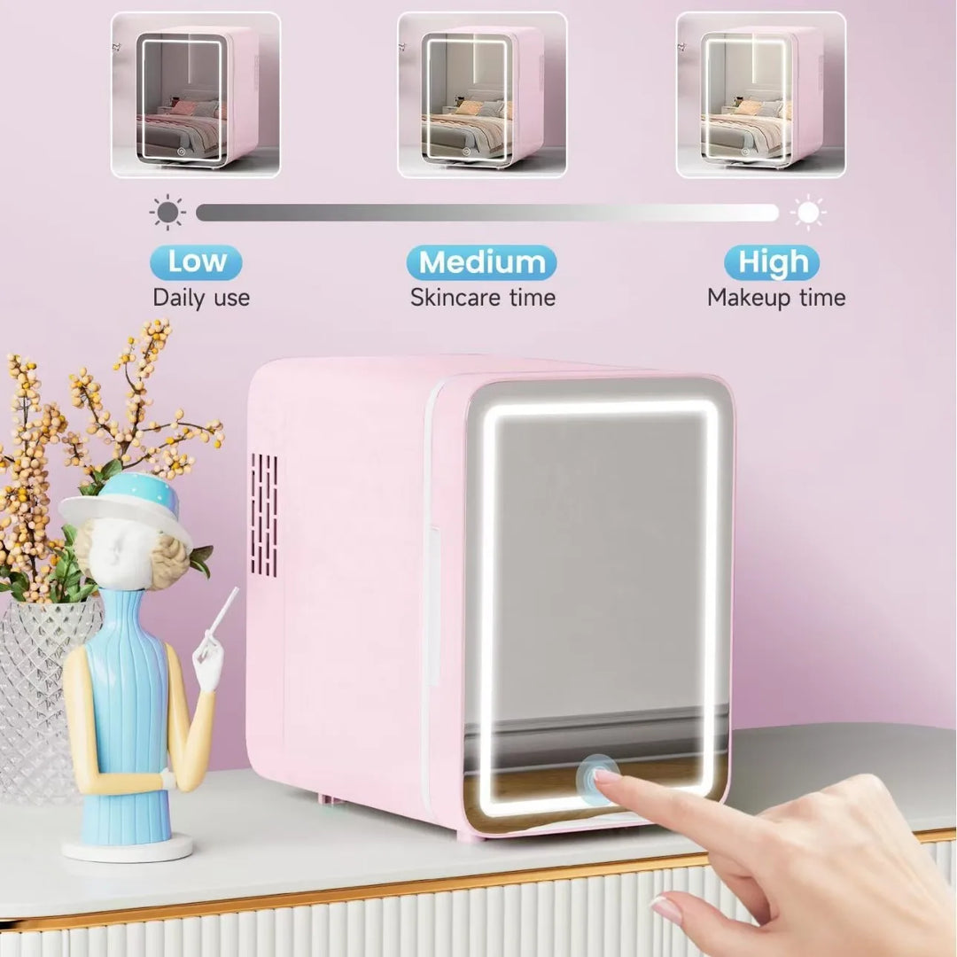 Portable 4L mini skincare fridge with LED light, a compact makeup cooler & beauty essential for any vanity.