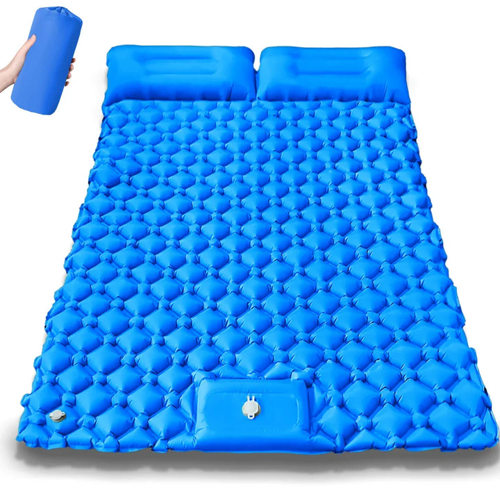 Profile of inflated dual camping air bed. Thick, comfortable inflatable mattress for superior outdoor sleep.