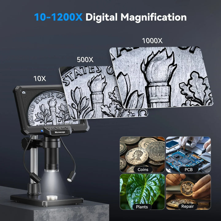 Professional digital microscope for high-precision PCB inspection, coin collecting, and electronics assembly.