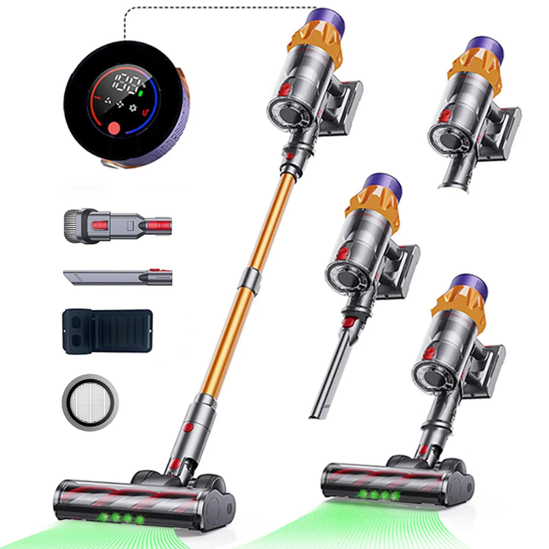 Yellow cordless handheld vacuum with powerful brushless motor for efficient home cleaning.