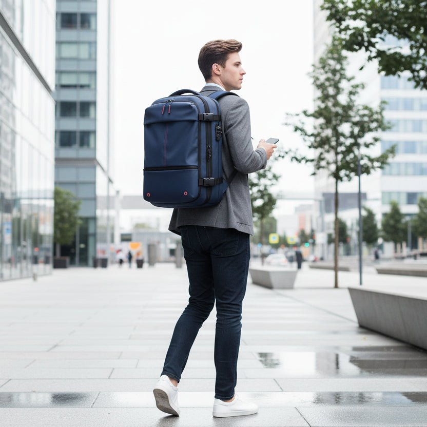 Stylish grey compressible laptop backpack, a sleek solution for smart travel, work, and daily use.