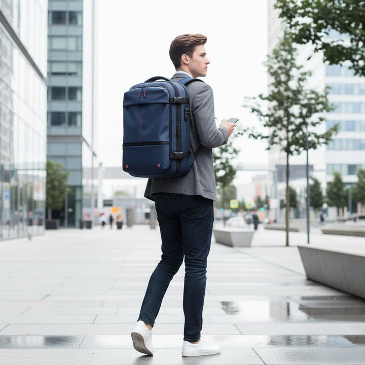 Stylish grey compressible laptop backpack, a sleek solution for smart travel, work, and daily use.