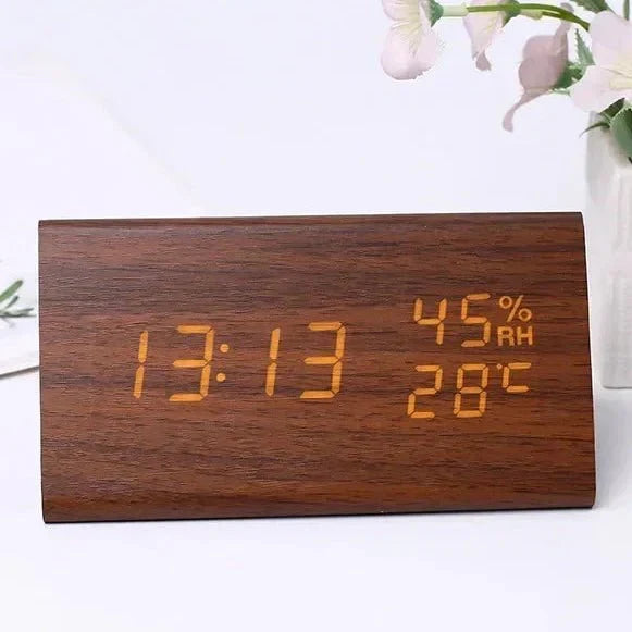 Functional wooden grain LED digital clock with smart features like 3 alarms & clear temp readout.