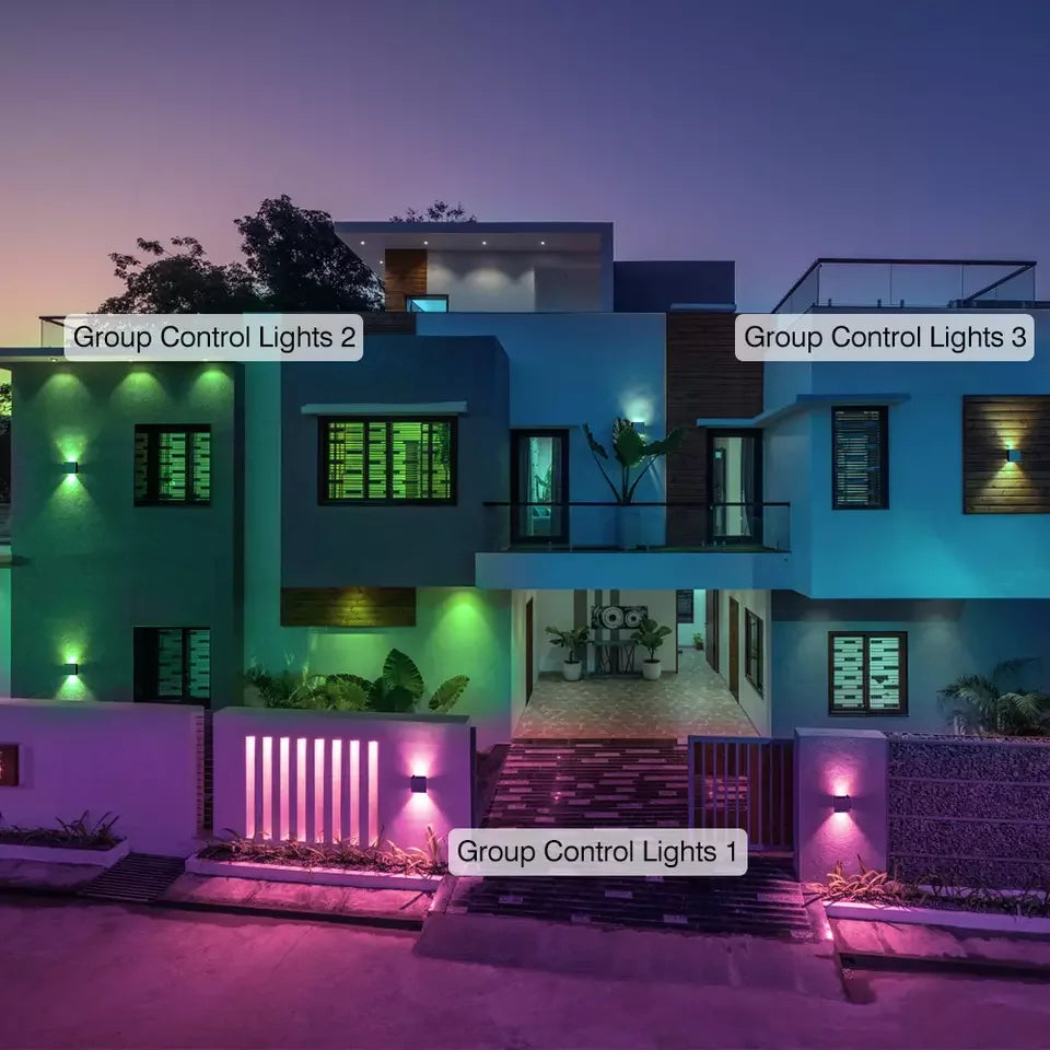 Architectural smart outdoor LED wall lights, 2-pack. App/voice control & weather-resistant for garden lighting.
