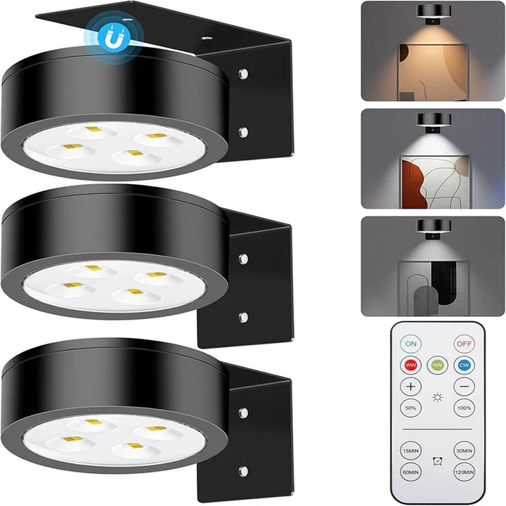 Home decor 3-pack LED magnetic picture lights, battery operated & remote controlled for art illumination.