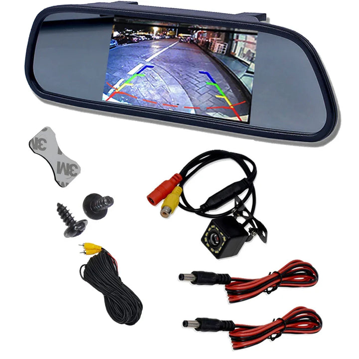 5-inch HD car rearview monitor with dual input for parking assist. Clear LCD screen enhances auto safety.