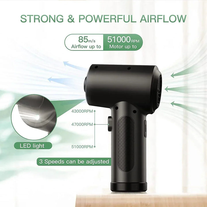 Powerful cordless electric air duster for comprehensive dust removal from electronics & car interiors.