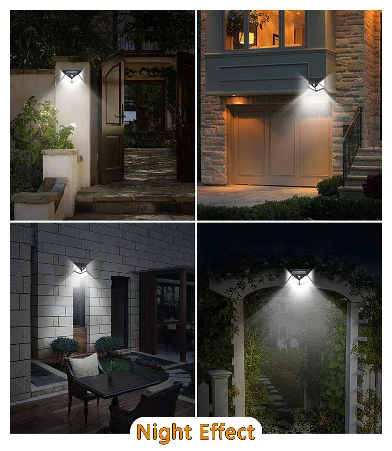 Waterproof solar motion security light. LED outdoor lamp for garden, patio, and driveway illumination.