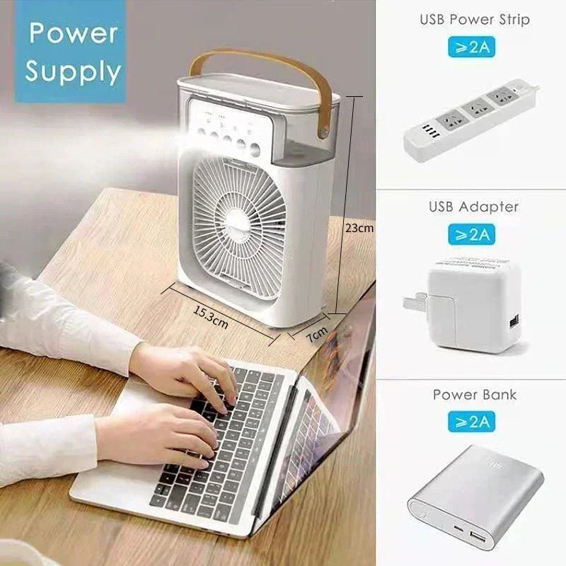 Efficient personal air cooler & humidifier, a portable mini fan for bedroom, office, or travel comfort.
