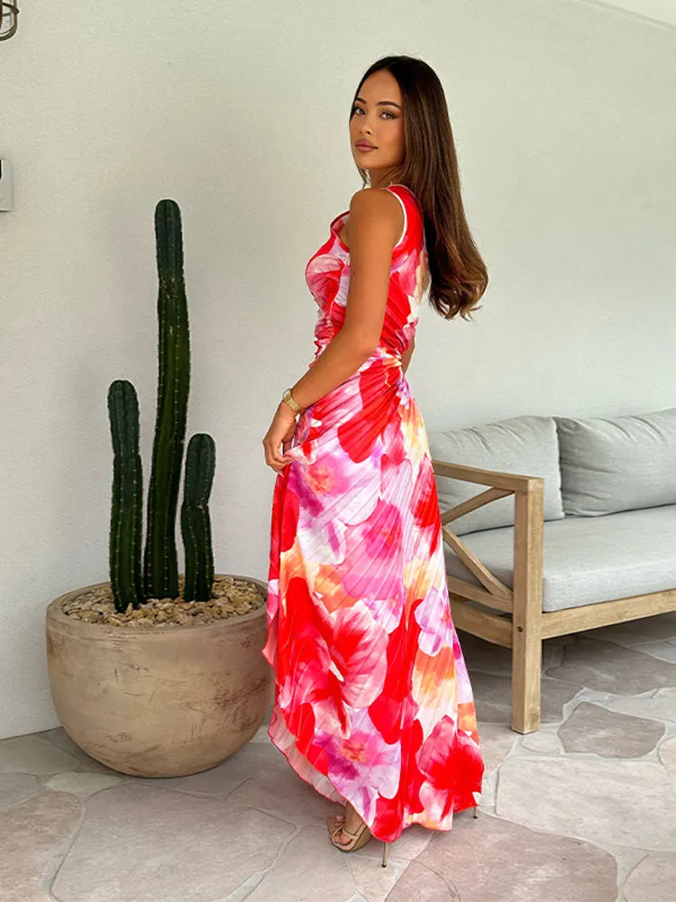 Lightweight women's floral pleated maxi dress, a stunning summer wedding guest option.