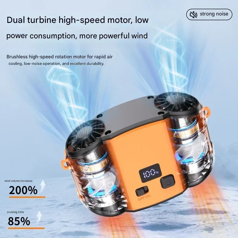 Versatile hands-free cooling fan. Wear it as a neck fan or waist fan for personal comfort during any activity.