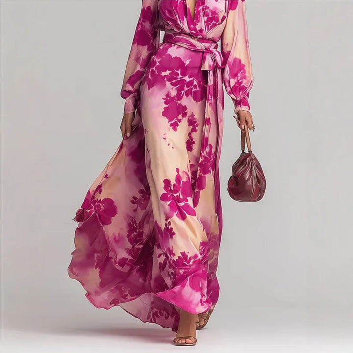 Elegant pink bohemian maxi dress, deep V-neck & lantern sleeves. Ideal for summer parties or beach vacation.