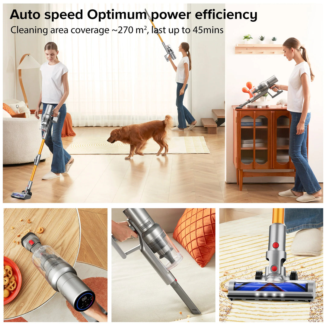 Tavvitaimp18 yellow cordless handheld vacuum with powerful suction & smart dust detection for pet hair & home cleaning.