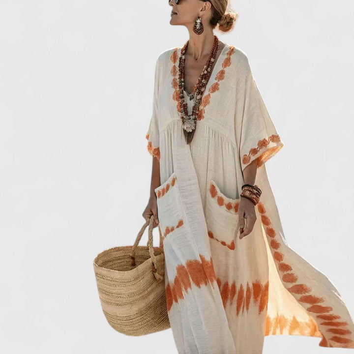 Comfortable women's flowy bohemian maxi dress. Stylish long summer dress with pockets for beachwear & warm weather.