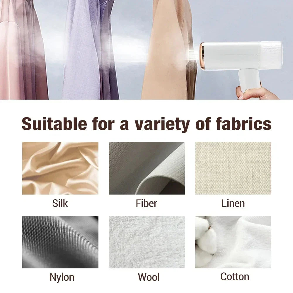 Efficient white handheld garment steamer, a portable steam iron alternative for fast wrinkle removal & household use.
