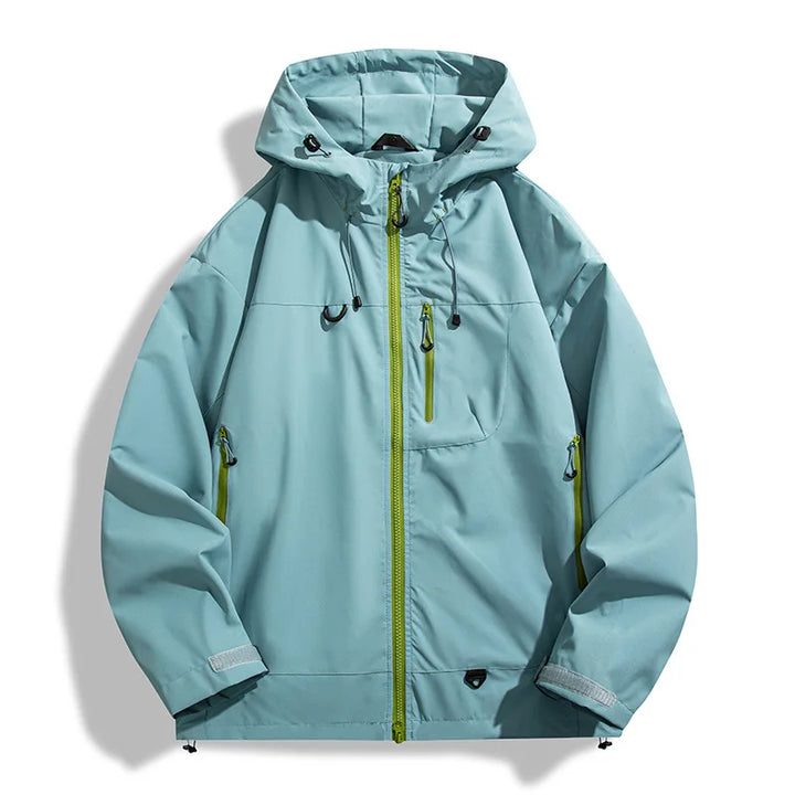 Men's weatherproof ridge jacket, a durable windbreaker for hiking, camping, and outdoor adventure gear.