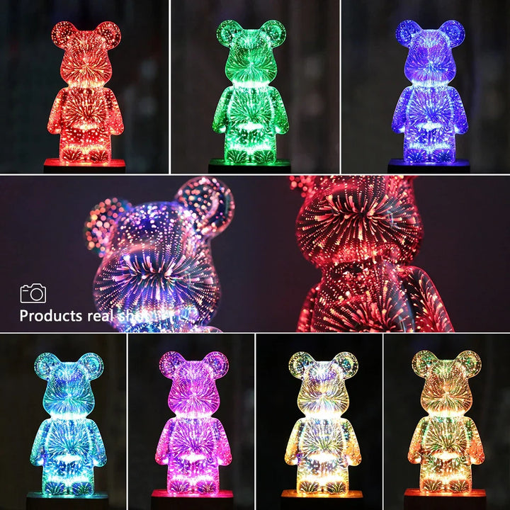 Compact 3D Firework Bear LED night light, USB powered with color-changing light, ideal decorative lamp for kids.