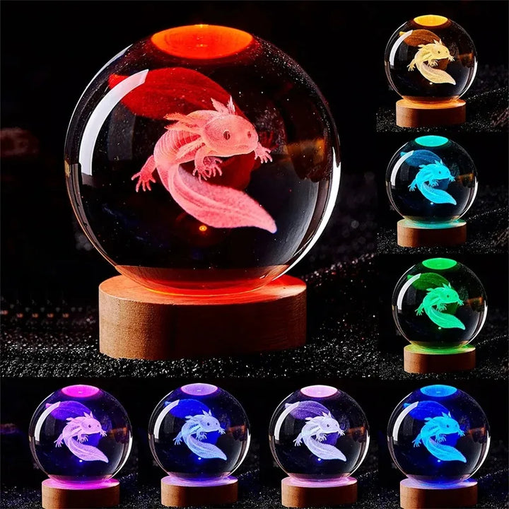 Color changing 3D axolotl LED crystal night light, ideal for creating mood lighting in a bedroom or kids room.
