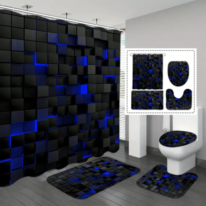 4-piece waterproof shower curtain & non-slip bath mat set for home bathroom decor. Coordinated polyester bath accessories.