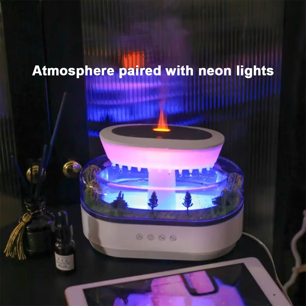 Compact aromatherapy humidifier and essential oil diffuser, featuring a calming rainfall sound effect.