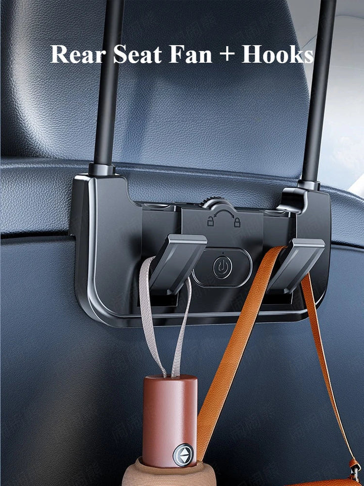 Adjustable dual-head car fan, USB-C powered, provides refreshing airflow for rear passengers. Essential travel comfort.