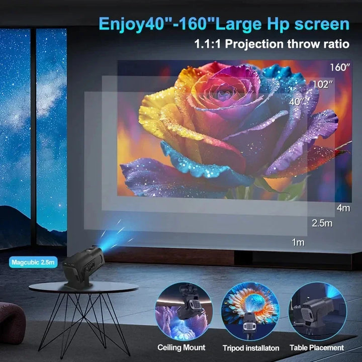 Crystal-clear 4K projection from a portable Android 11 smart projector. Easy setup for any movie night.