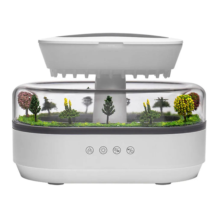 Experience tranquility with Serene Rainfall humidifier, aromatherapy diffuser, LED lights & relaxing rain sounds.