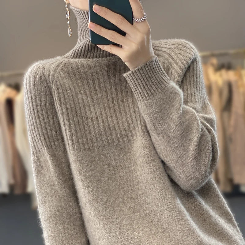 Stylish women's cozy ribbed turtleneck sweater. A warm, long-sleeve knit pullover for trendy fall outfits.