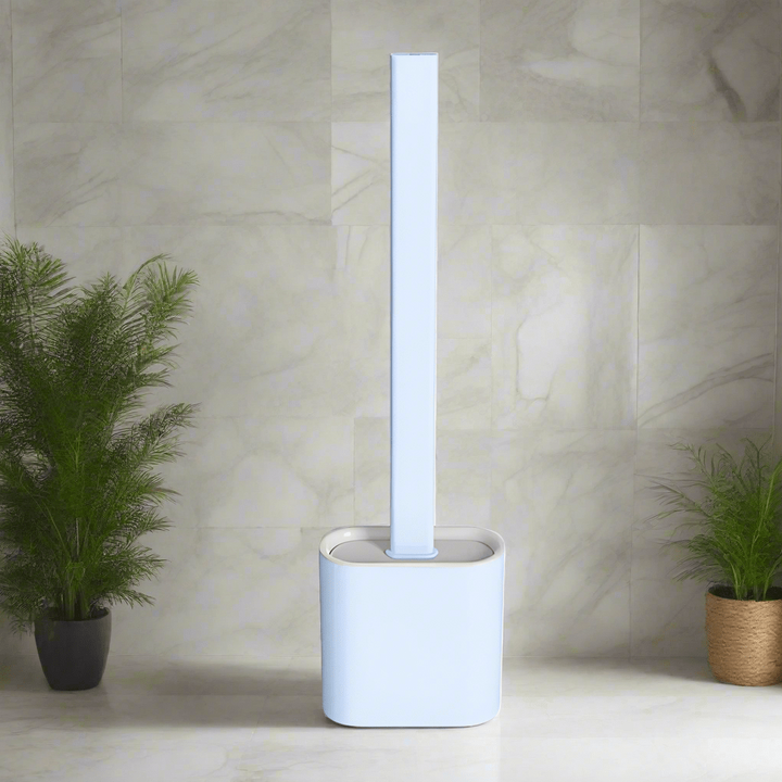 Modern silicone toilet brush in its space-saving, non-stick holder, essential for hygienic bathroom cleaning.